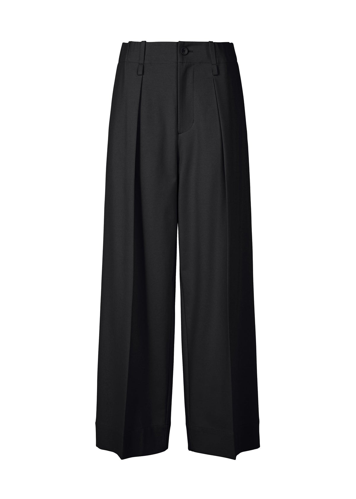 A product shot of the ISSEY MIYAKE SIMPLE ENSEMBLE trousers in black.