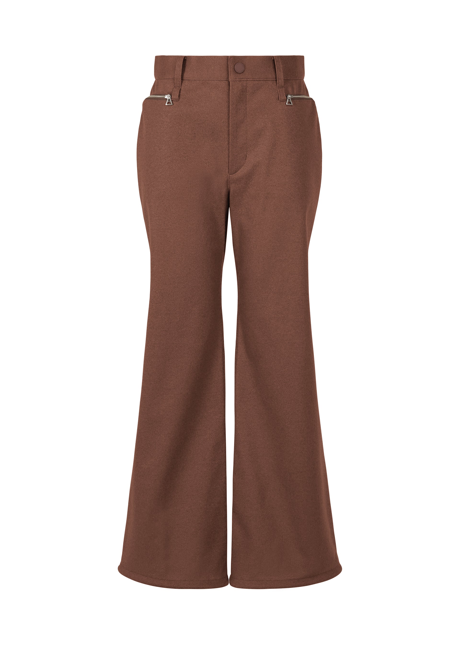 A product shot of the ISSEY MIYAKE HANG OR CARRY trousers in dark brown (45).