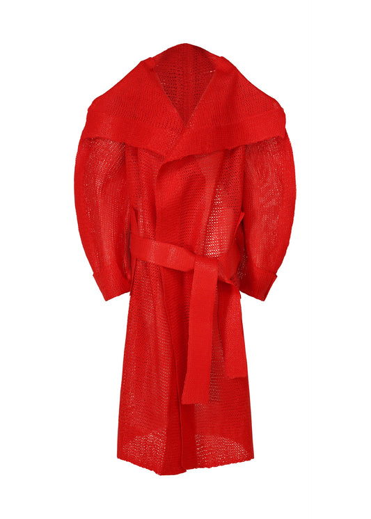A product shot of the ISSEY MIYAKE PANINI coat in red (24).