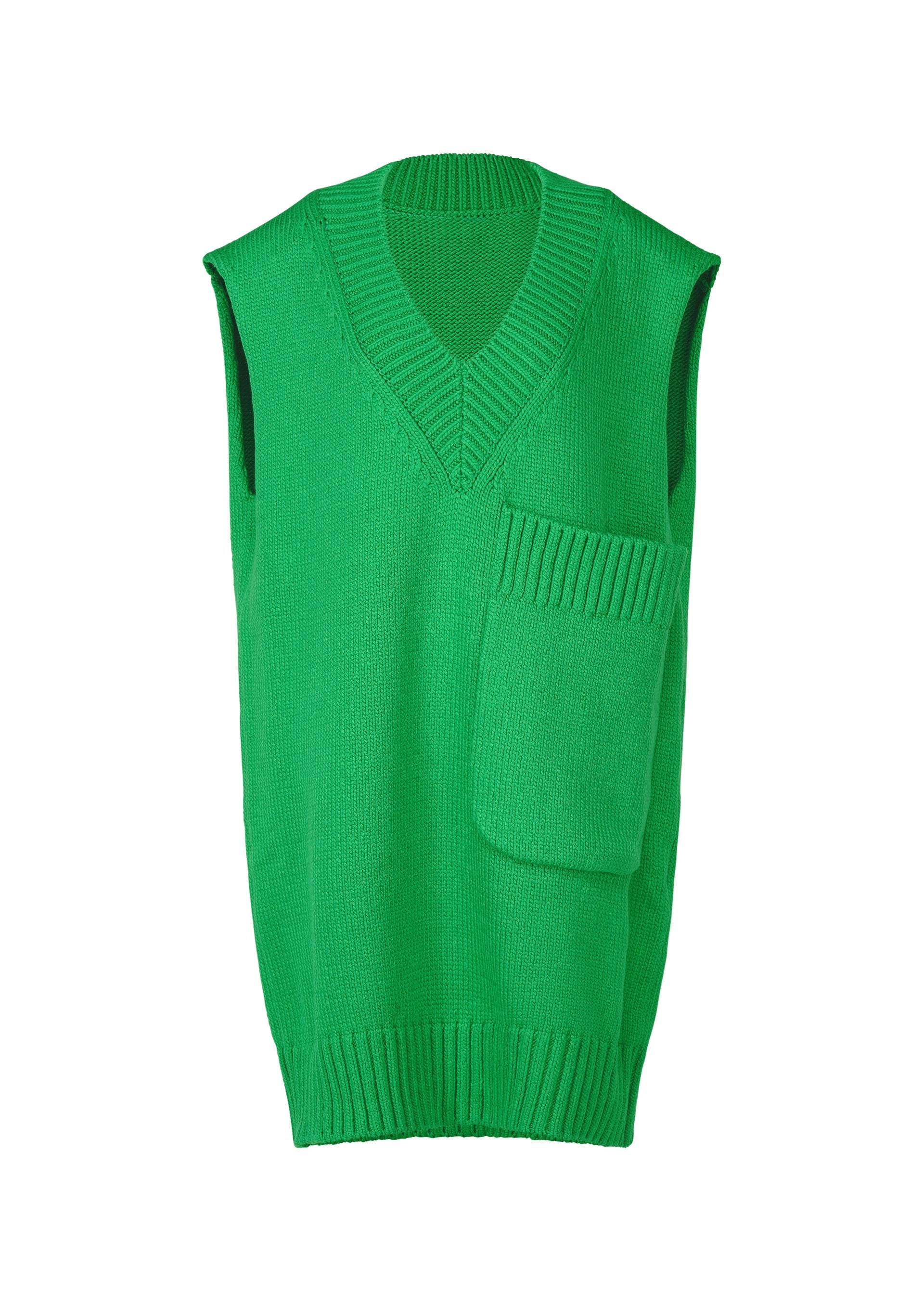 A product shot of the ISSEY MIYAKE BREEZE KNIT vest in green (62).