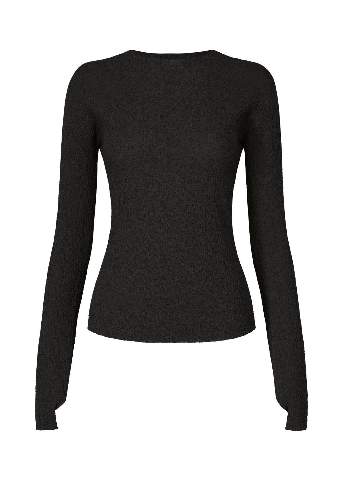 A product shot of the ISSEY MIYAKE BODY KNIT top in black (15).