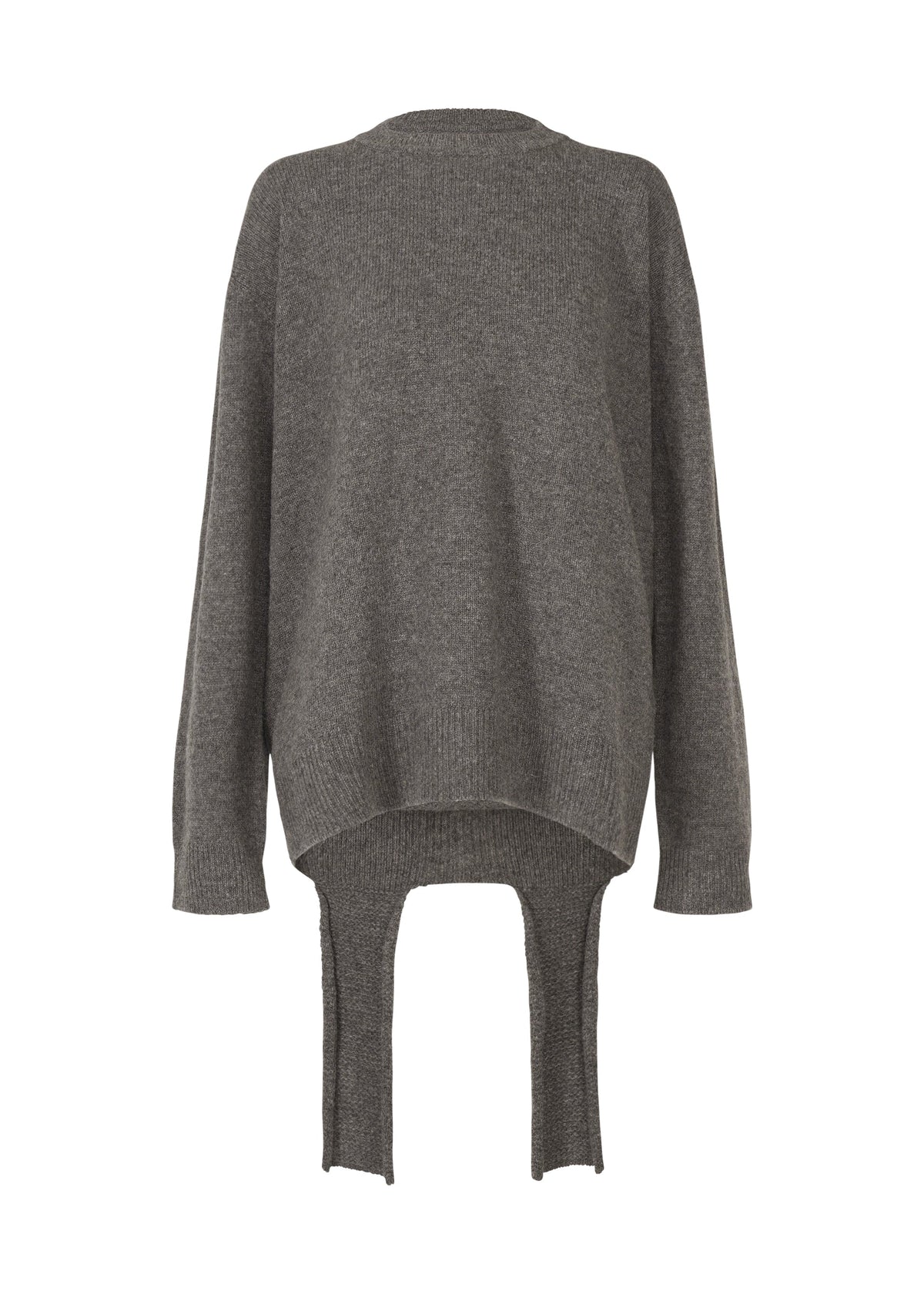 A product shot of the ISSEY MIYAKE BACKPACK KNIT top in charcoal (14).