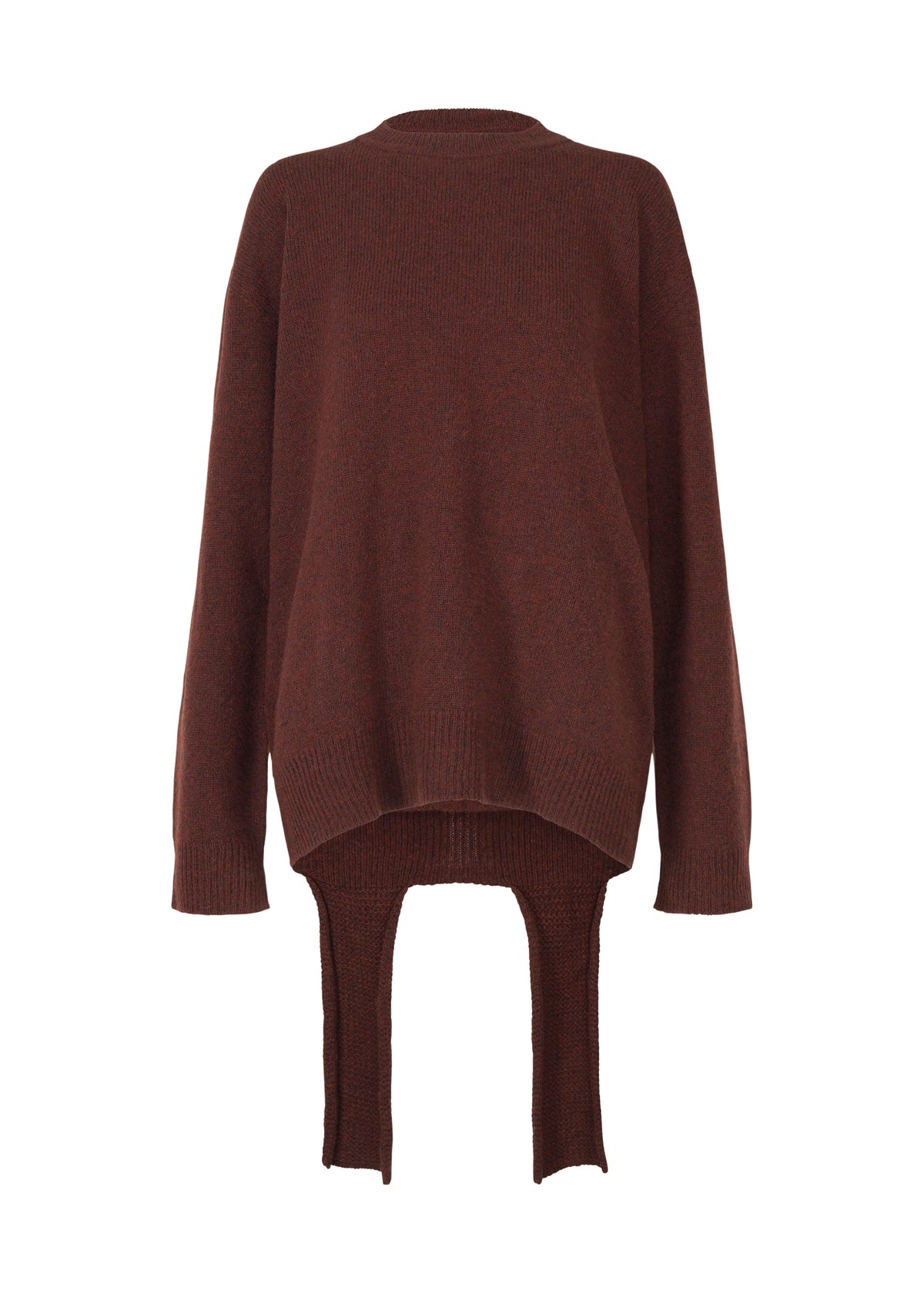 A product shot of the ISSEY MIYAKE BACKPACK KNIT top in dark brown (45).