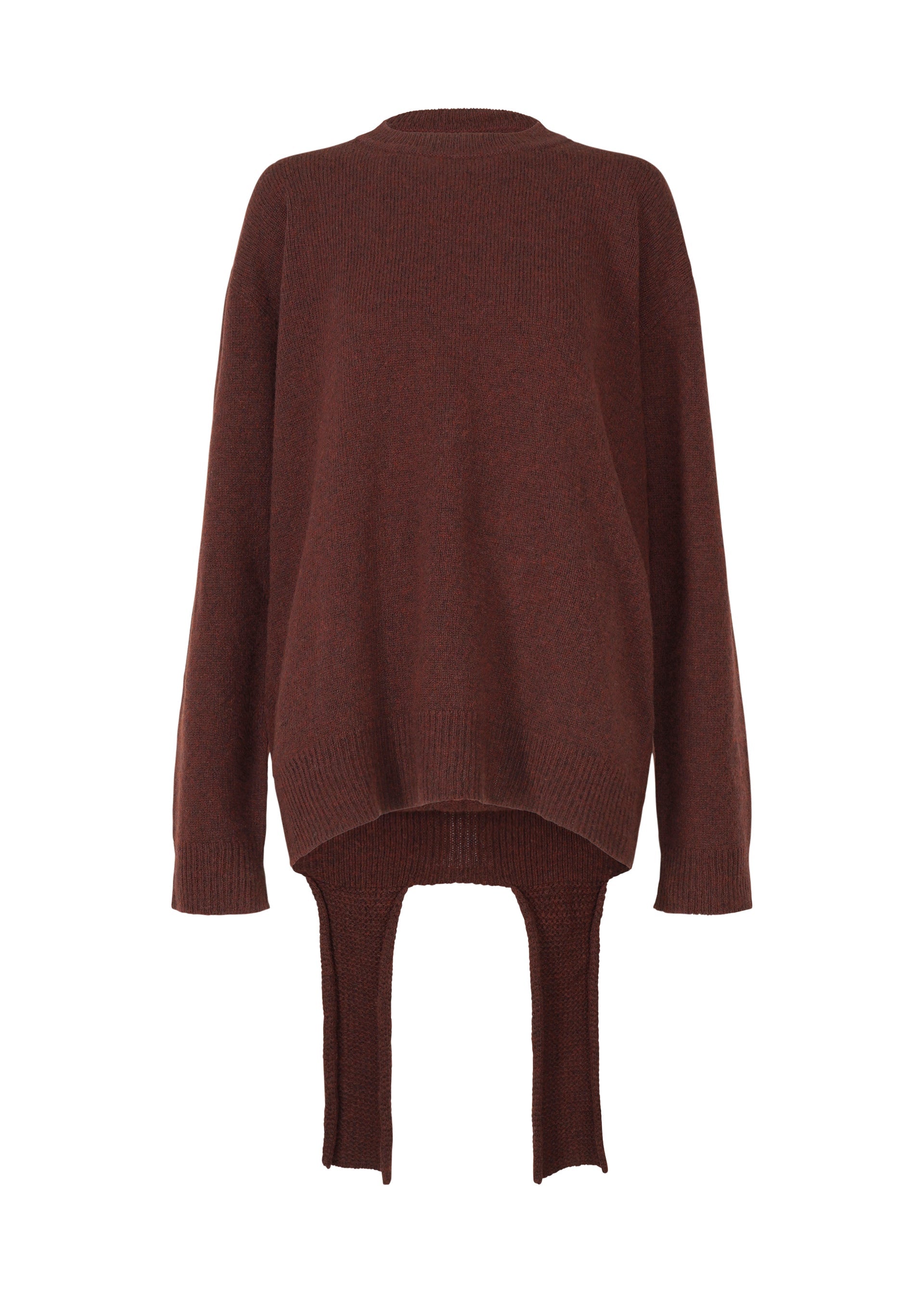 A product shot of the ISSEY MIYAKE BACKPACK KNIT top in dark brown (45).