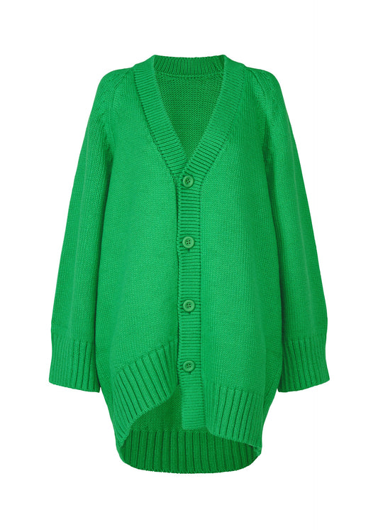 A product shot of the ISSEY MIYAKE BREEZE KNIT cardigan in green (62).