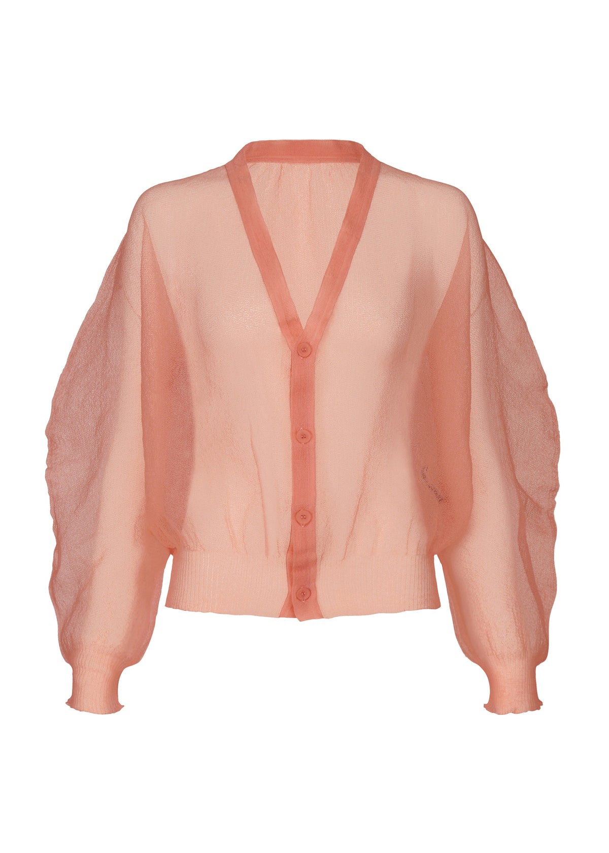 A product shot of the ISSEY MIYAKE ENCASE cardigan in coral.