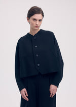 A model wears the ISSEY MIYAKE CAMPAGNE cardigan.