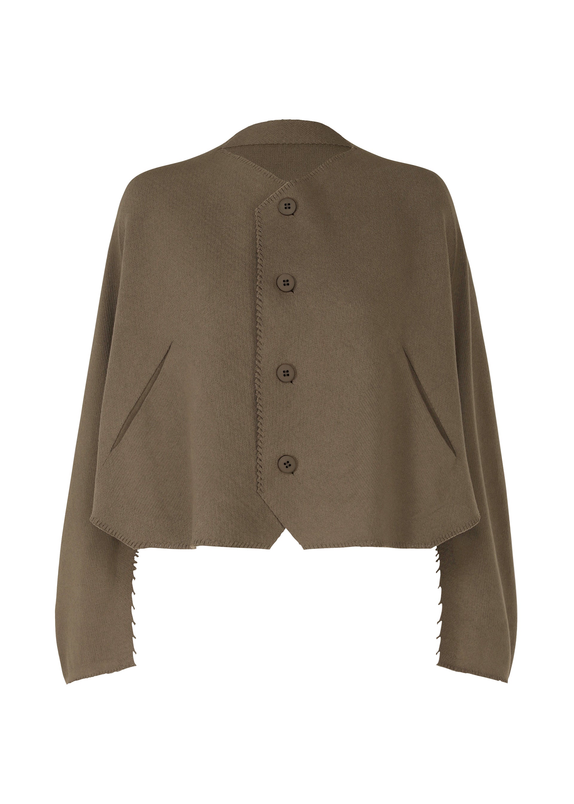A product shot of the ISSEY MIYAKE CAMPAGNE cardigan in khaki (65).