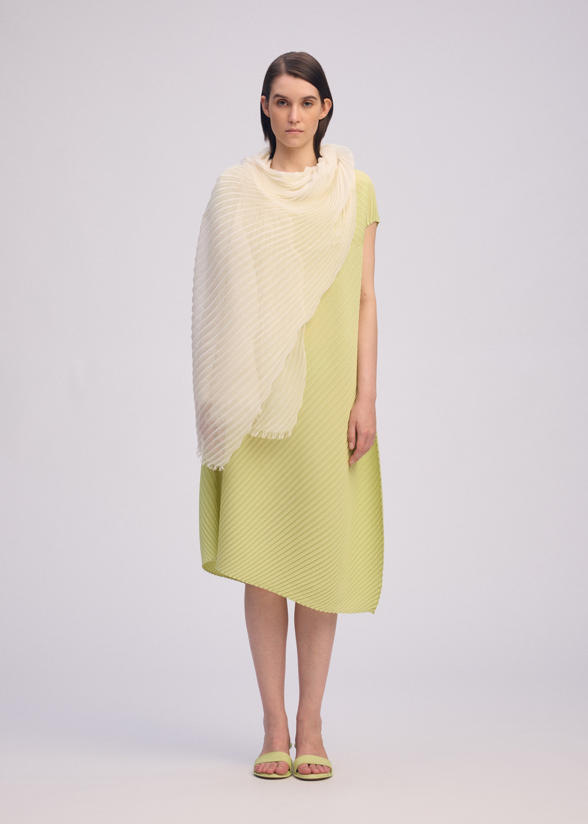 A model wears the ISSEY MIYAKE FEATHER RAMIE PLEATS STOLE accessories.