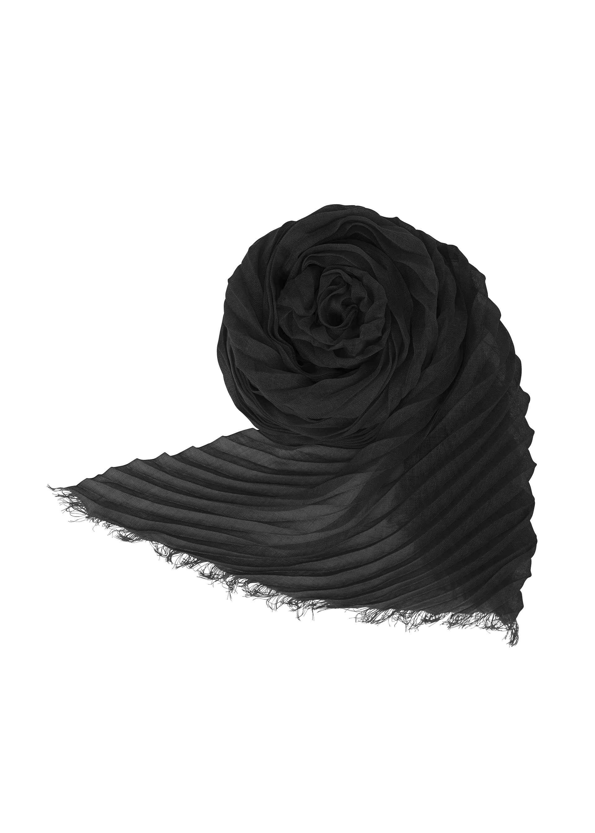 A product shot of the ISSEY MIYAKE FEATHER RAMIE PLEATS STOLE accessories in black (15).