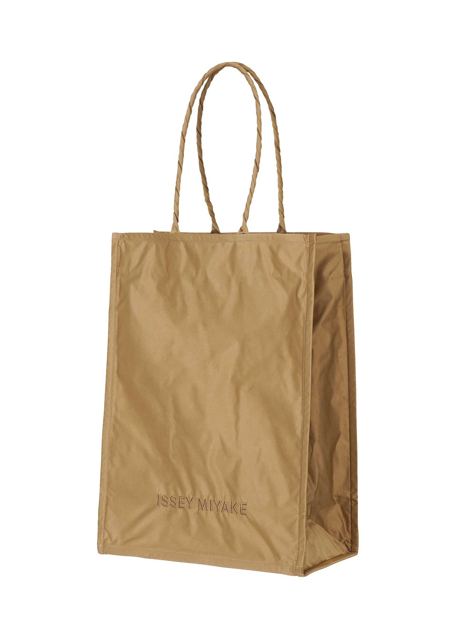 A product shot of the ISSEY MIYAKE CRUMPLABLE bag in light brown (43).