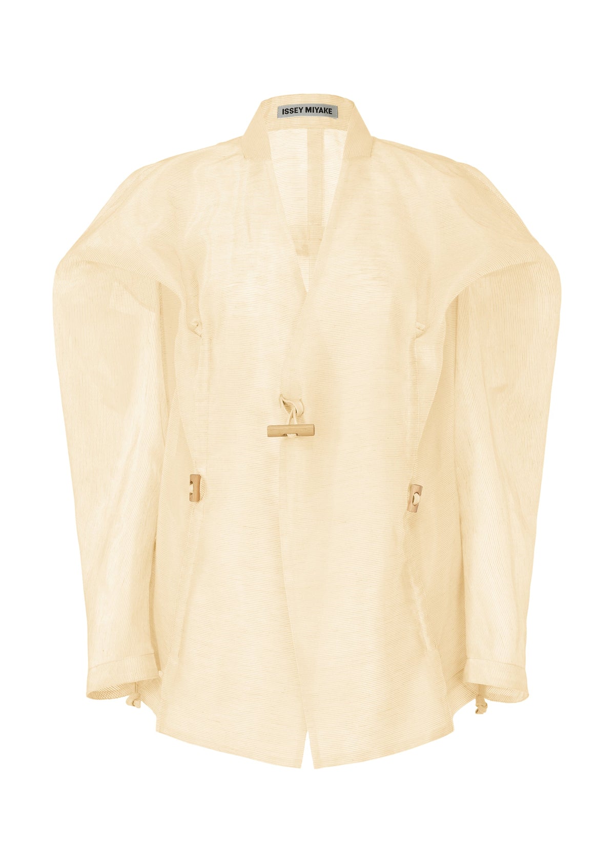 A product shot of the ISSEY MIYAKE DRAW TO FORM jacket in emu beige (48).