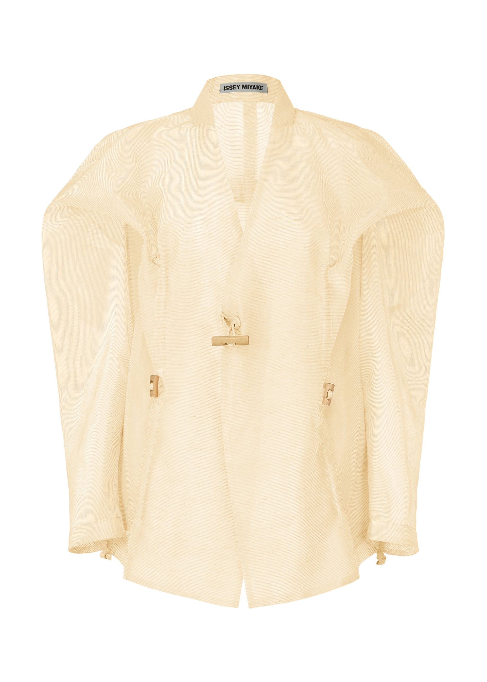 A product shot of the ISSEY MIYAKE DRAW TO FORM jacket in emu beige (48).