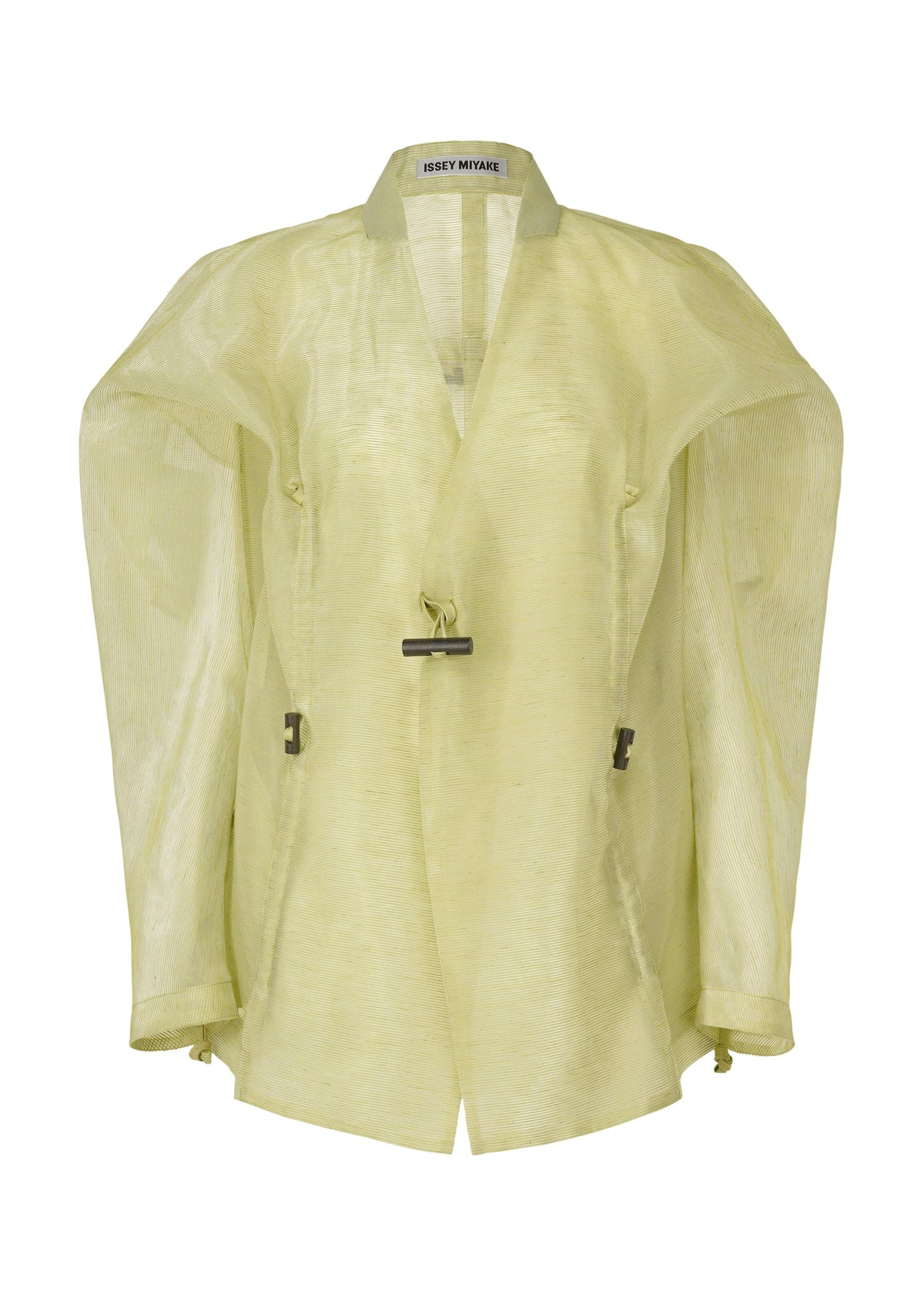 A product shot of the ISSEY MIYAKE DRAW TO FORM jacket in olive (68).