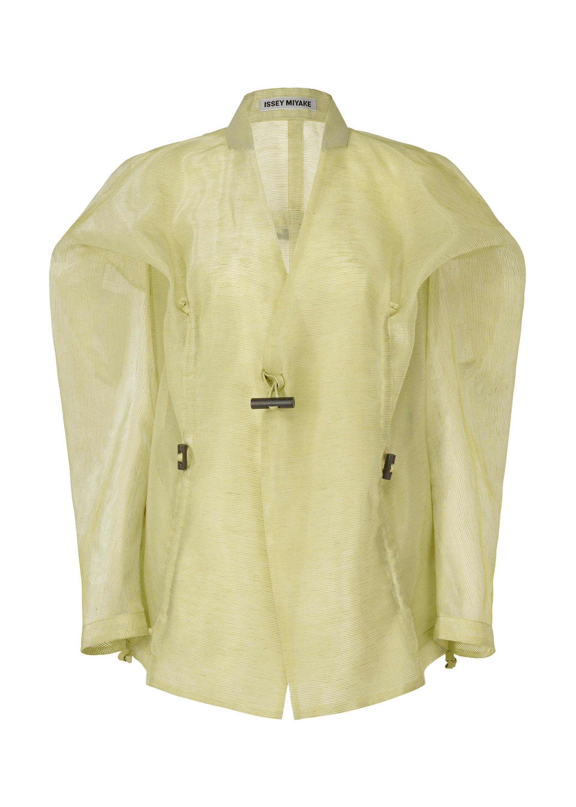A product shot of the ISSEY MIYAKE DRAW TO FORM jacket in olive (68).