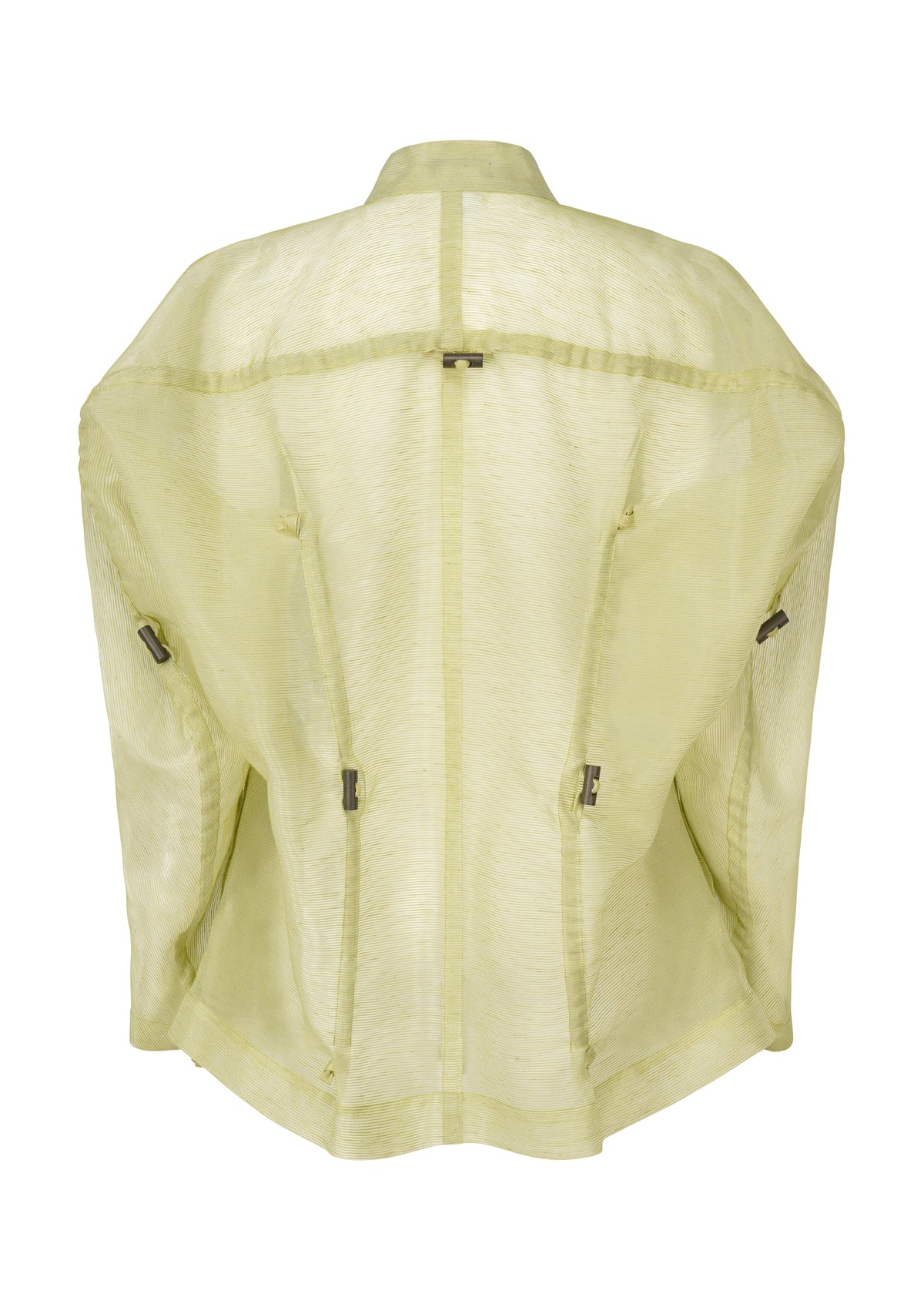 A detail shot of the ISSEY MIYAKE DRAW TO FORM jacket.