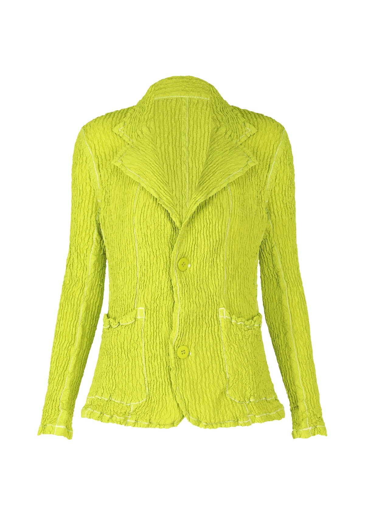 A product shot of the ISSEY MIYAKE WAVELET ENSEMBLE jacket in parakeet green (64).