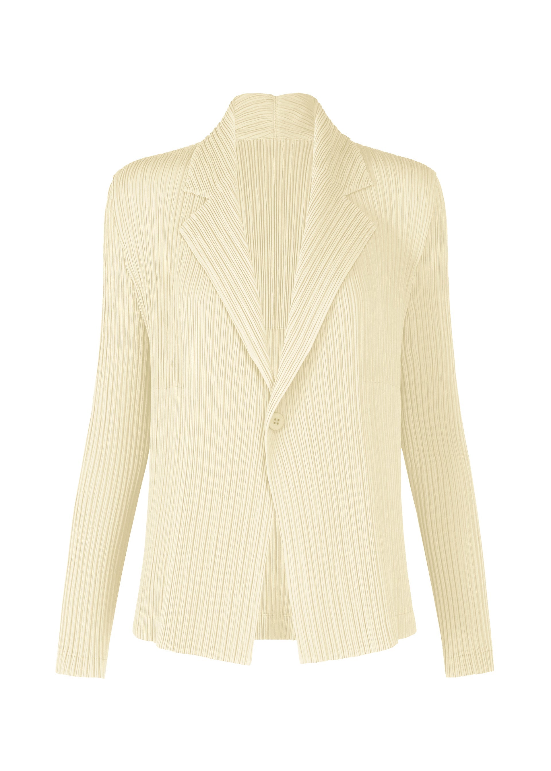 A product shot of the ISSEY MIYAKE HATCHING PLEATS jacket in off-white (02).