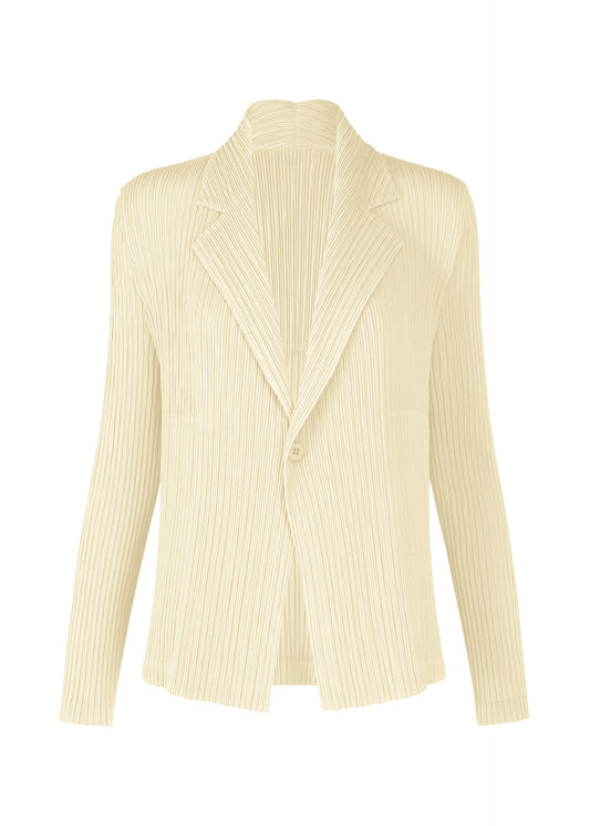 A product shot of the ISSEY MIYAKE HATCHING PLEATS jacket in off-white (02).