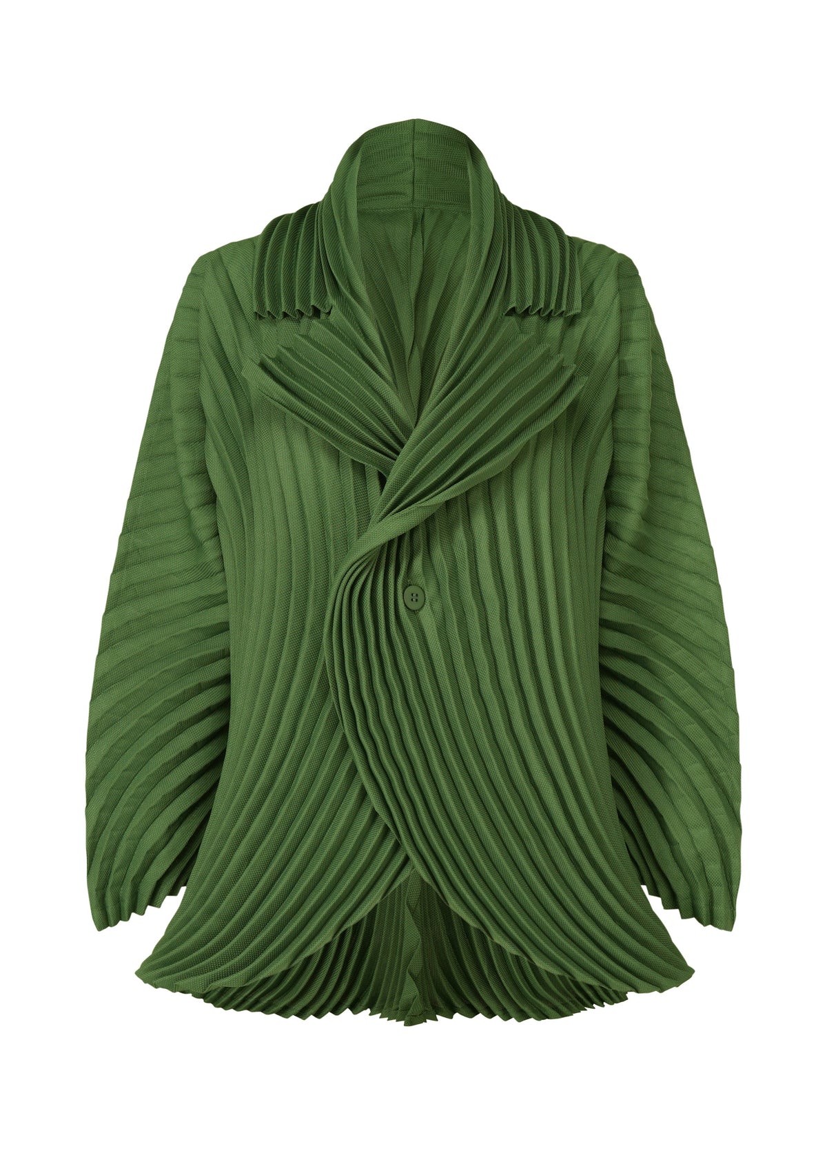 A product shot of the ISSEY MIYAKE CIRCLE PLEATS PB jacket in dark green (63).