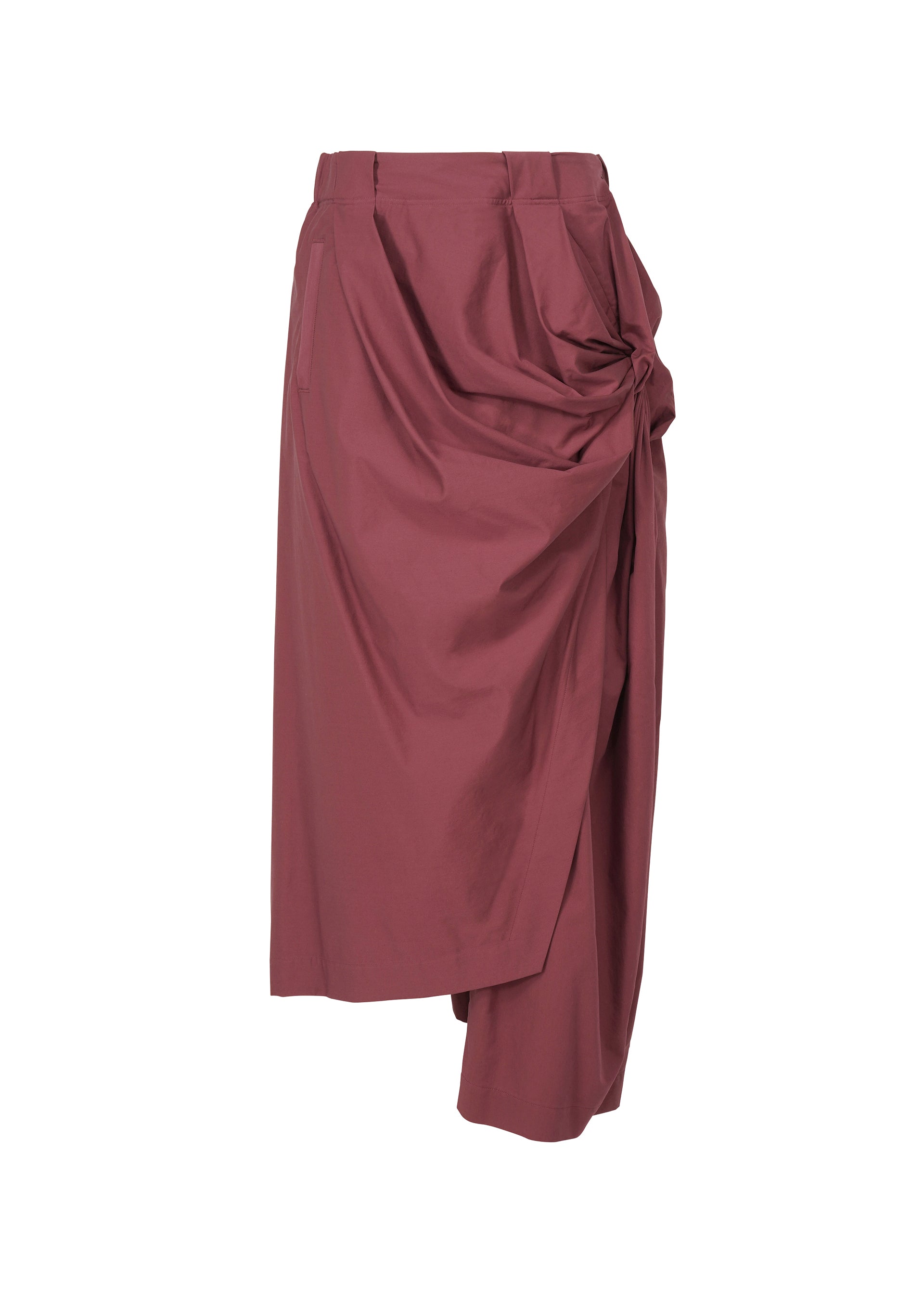 A product shot of the ISSEY MIYAKE TWISTED DRAPE trousers in burgundy (85).