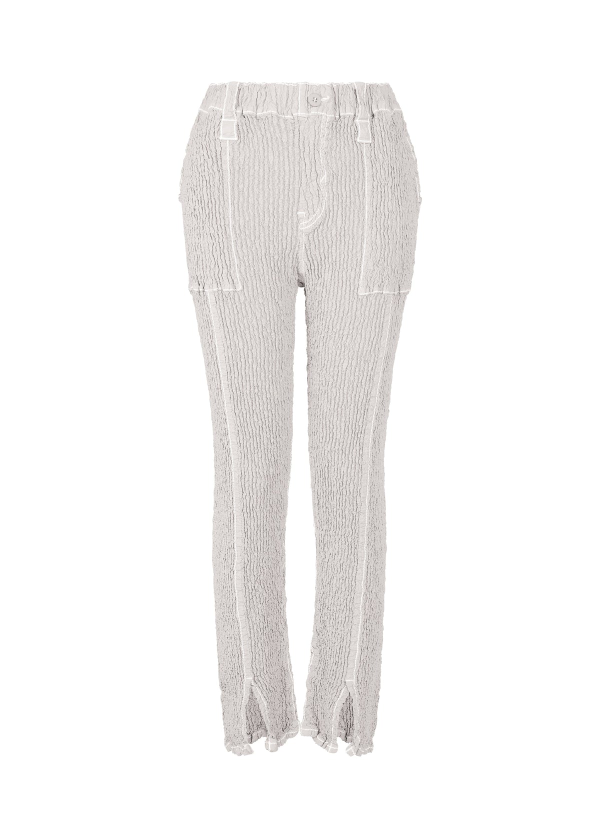 A product shot of the ISSEY MIYAKE WAVELET ENSEMBLE trousers in light grey (11).