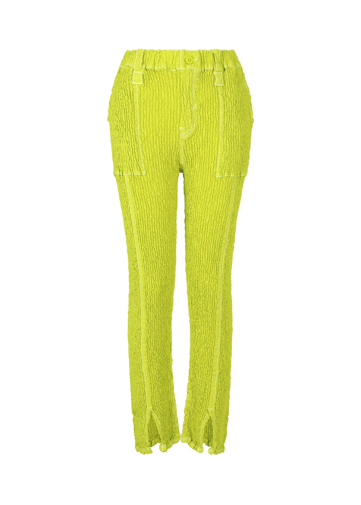 A product shot of the ISSEY MIYAKE WAVELET ENSEMBLE trousers in parakeet green (64).
