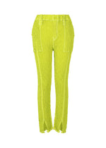 A product shot of the ISSEY MIYAKE WAVELET ENSEMBLE trousers in parakeet green (64).