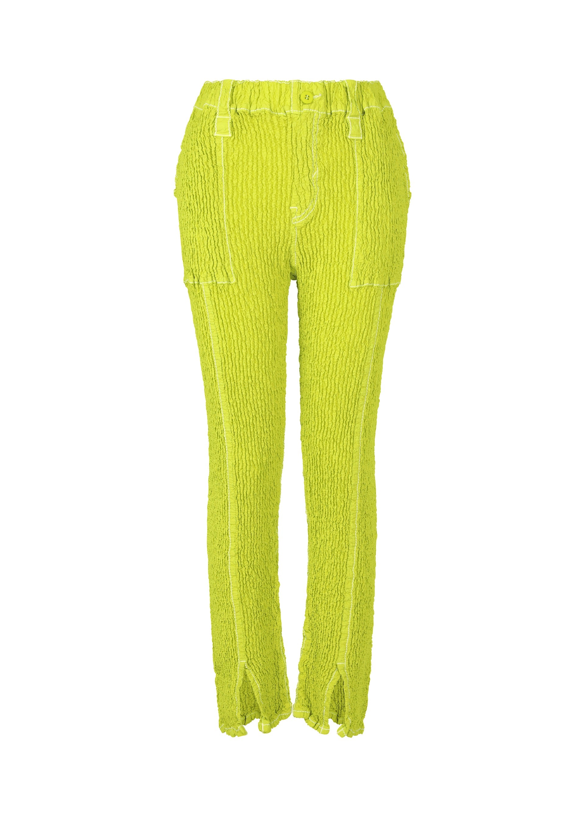 A product shot of the ISSEY MIYAKE WAVELET ENSEMBLE trousers in parakeet green (64).