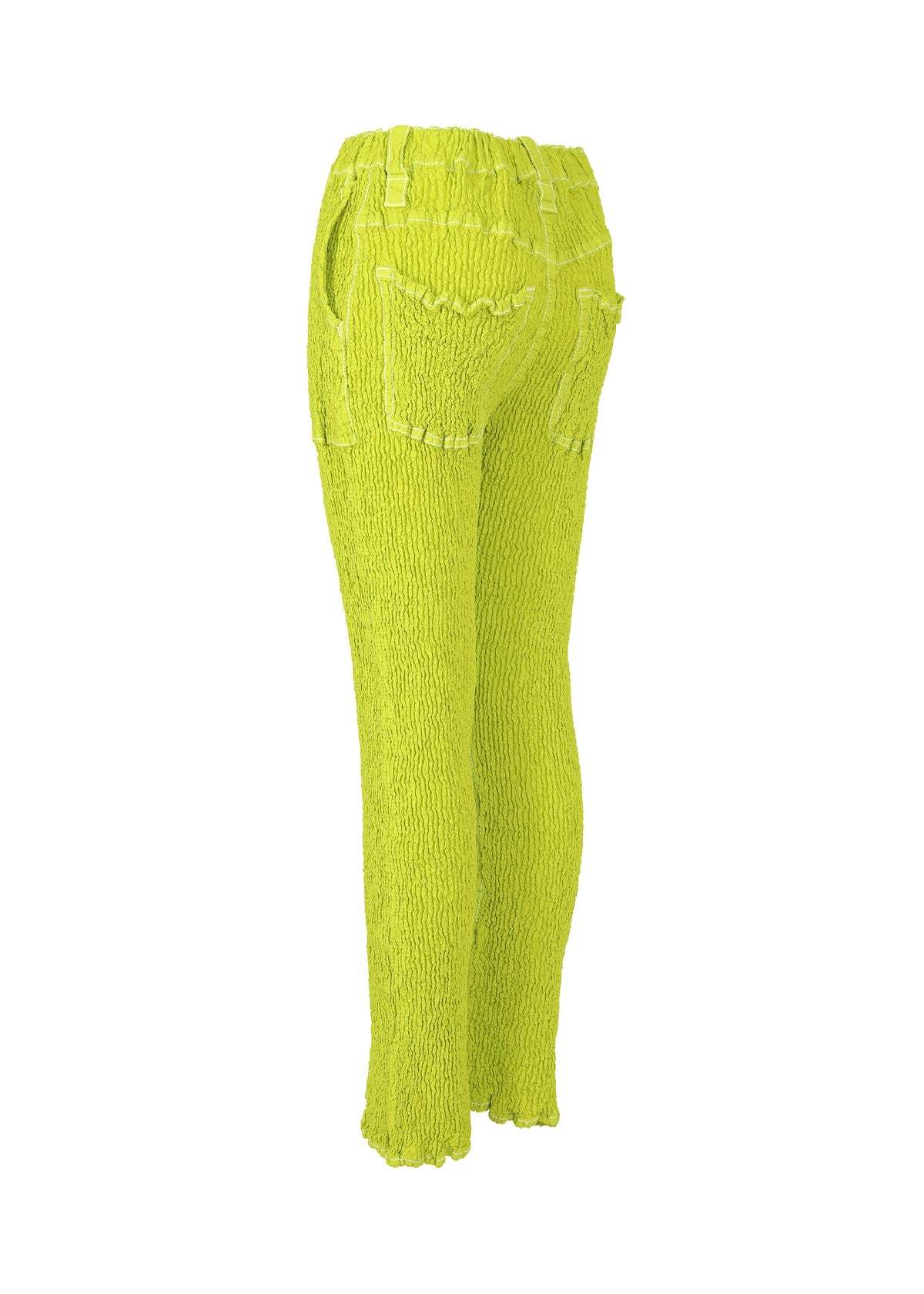 A detail shot of the ISSEY MIYAKE WAVELET ENSEMBLE trousers.