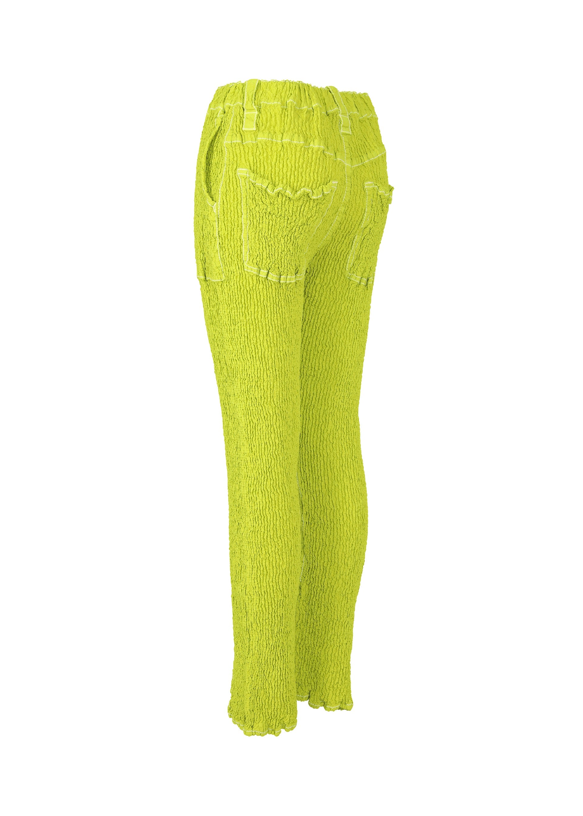 A detail shot of the ISSEY MIYAKE WAVELET ENSEMBLE trousers.