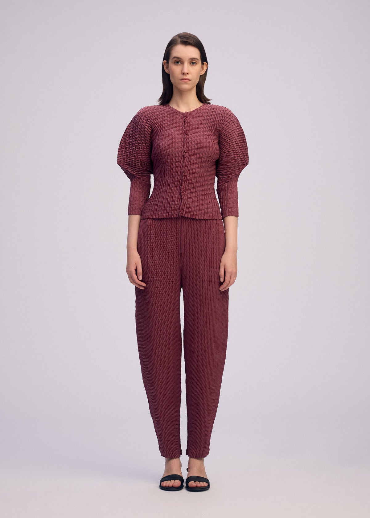 A model wears the ISSEY MIYAKE SLEEK PLEATS sleek-pleats-trousers-black-1.