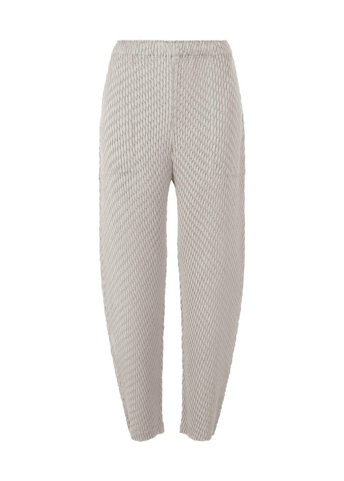 A product shot of the ISSEY MIYAKE SLEEK PLEATS trousers in light gray.