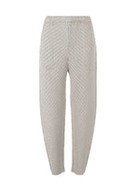 A product shot of the ISSEY MIYAKE SLEEK PLEATS trousers in light gray.