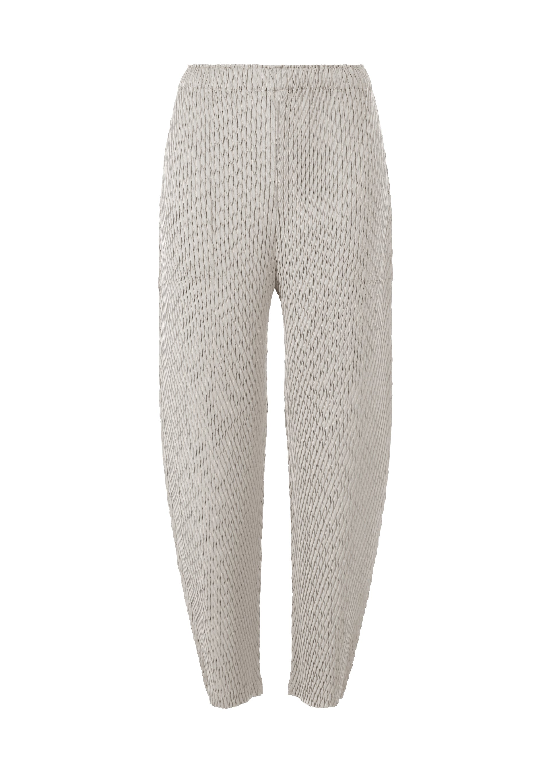 A product shot of the ISSEY MIYAKE SLEEK PLEATS trousers in light gray.