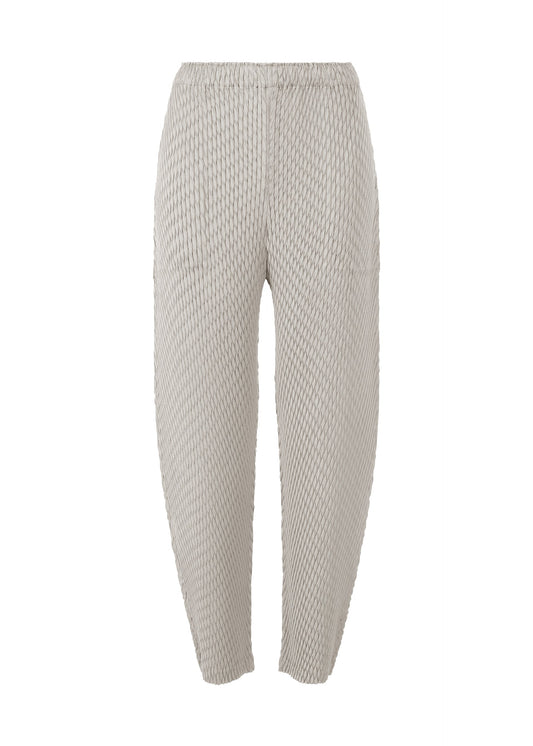 A product shot of the ISSEY MIYAKE SLEEK PLEATS trousers in light gray.