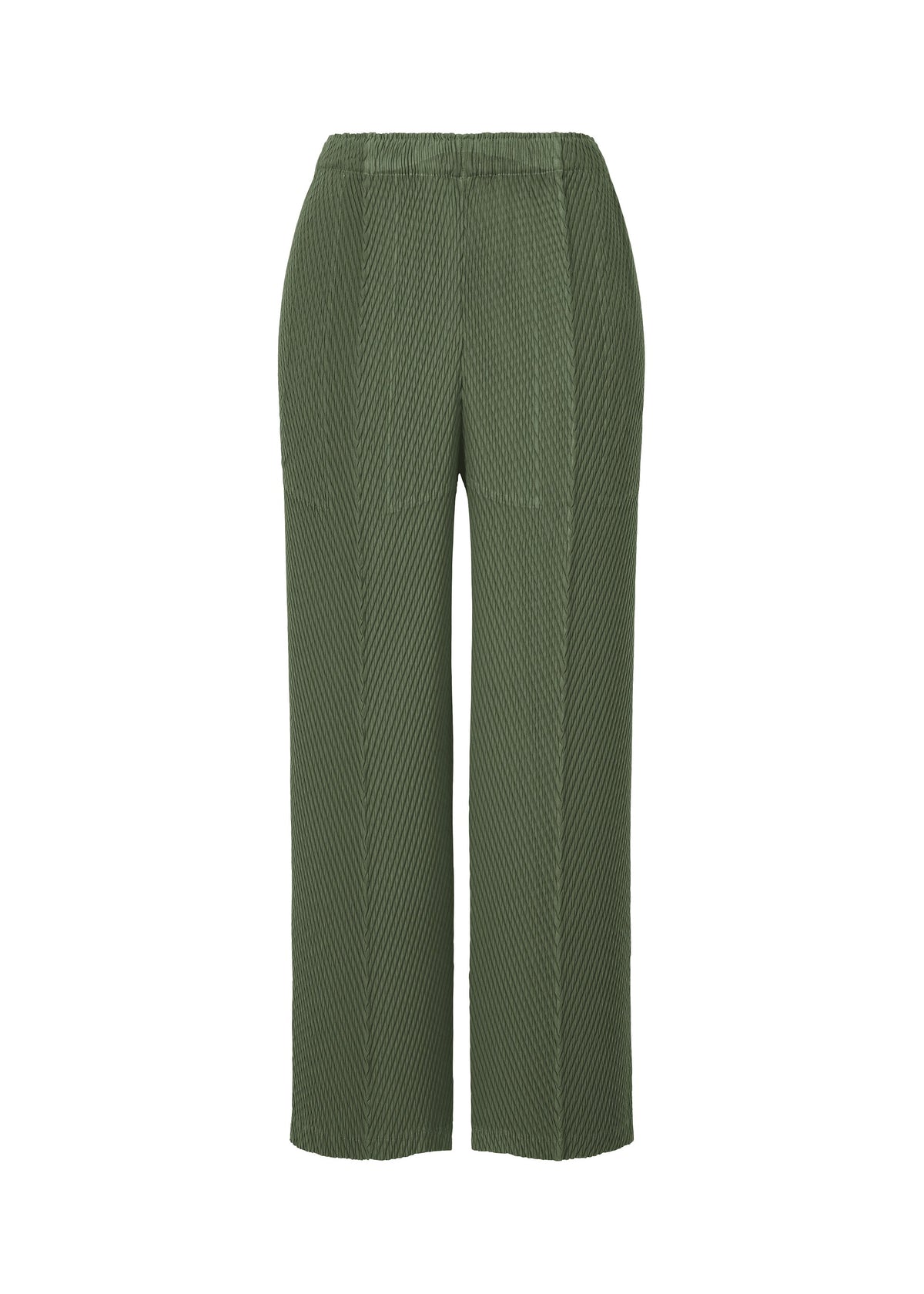 A product shot of the ISSEY MIYAKE RHOMBUS PLEATS trousers in dark green (63).