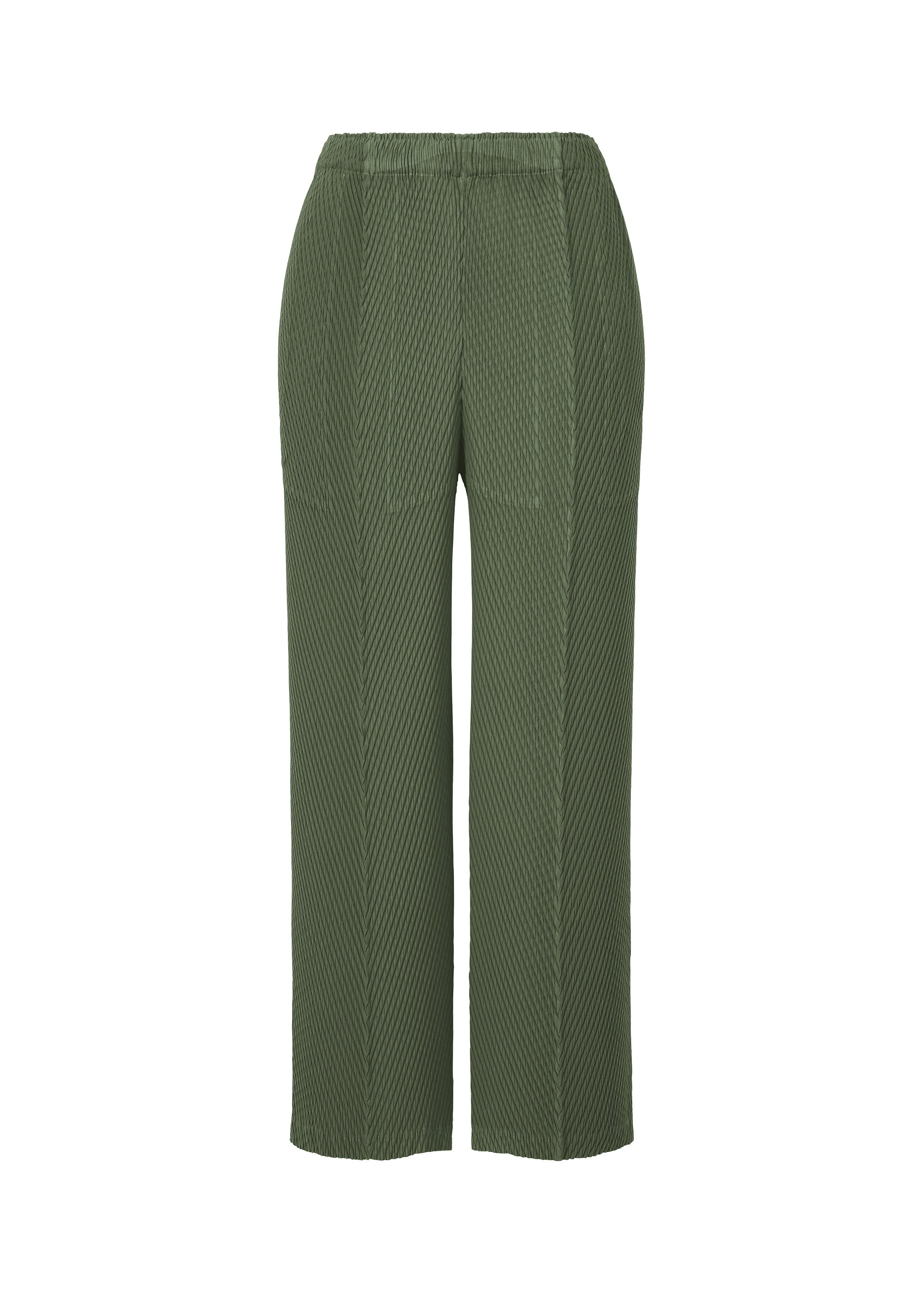 A product shot of the ISSEY MIYAKE RHOMBUS PLEATS trousers in dark green (63).