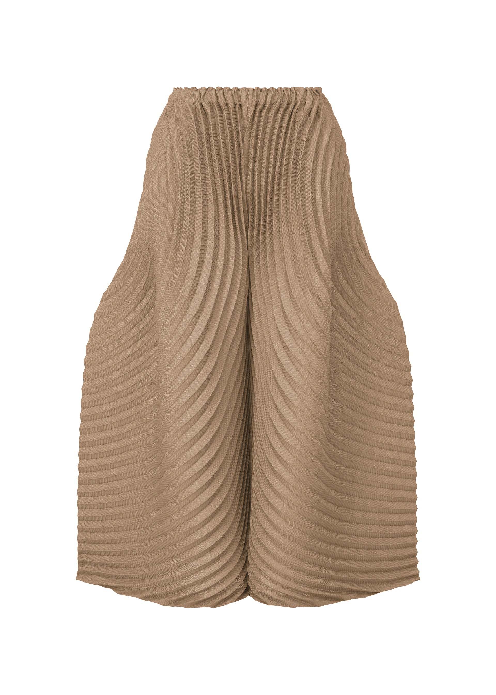 A product shot of the ISSEY MIYAKE CIRCLE PLEATS PB trousers in greige (10).