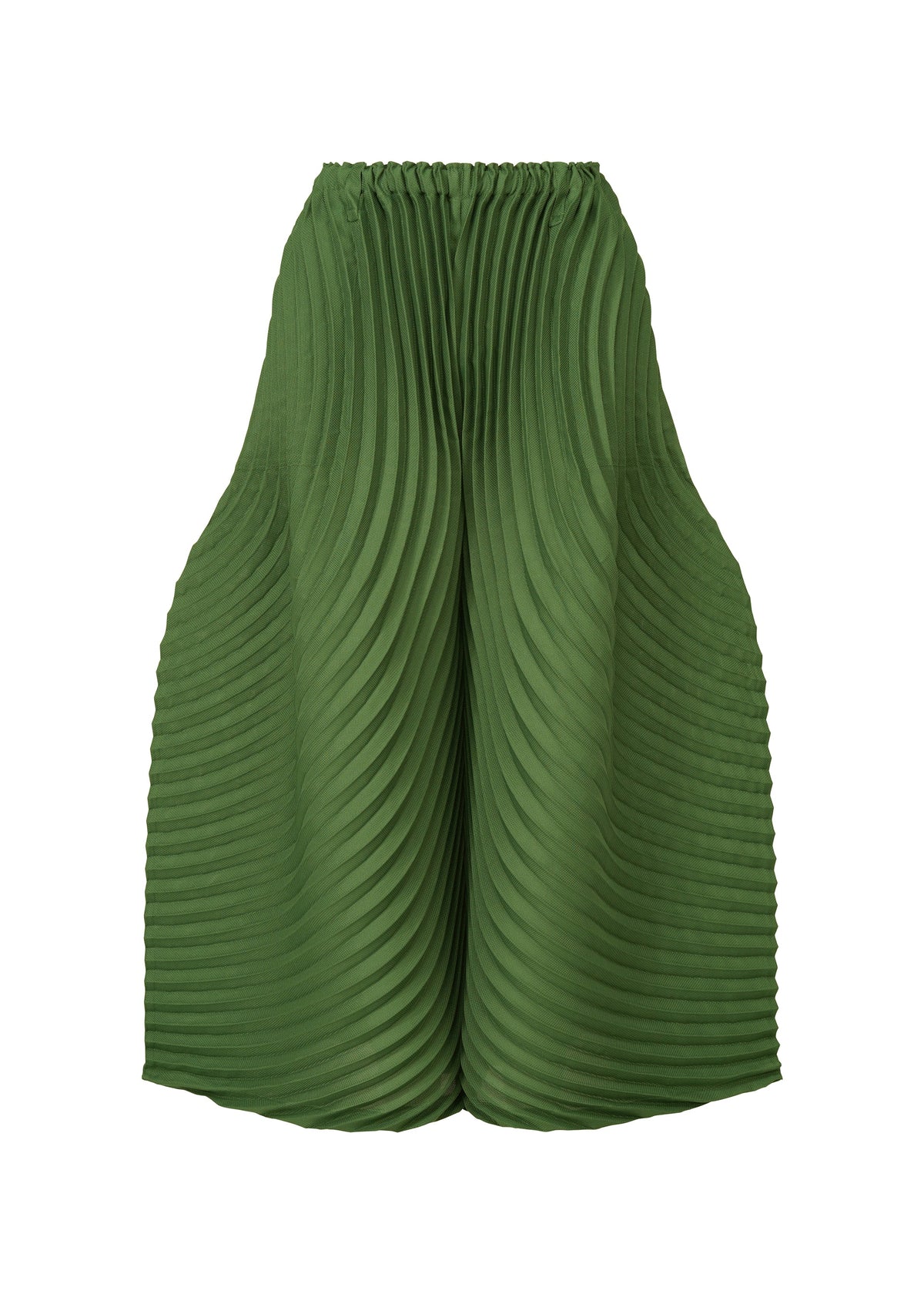 A product shot of the ISSEY MIYAKE CIRCLE PLEATS PB trousers in dark green (63).