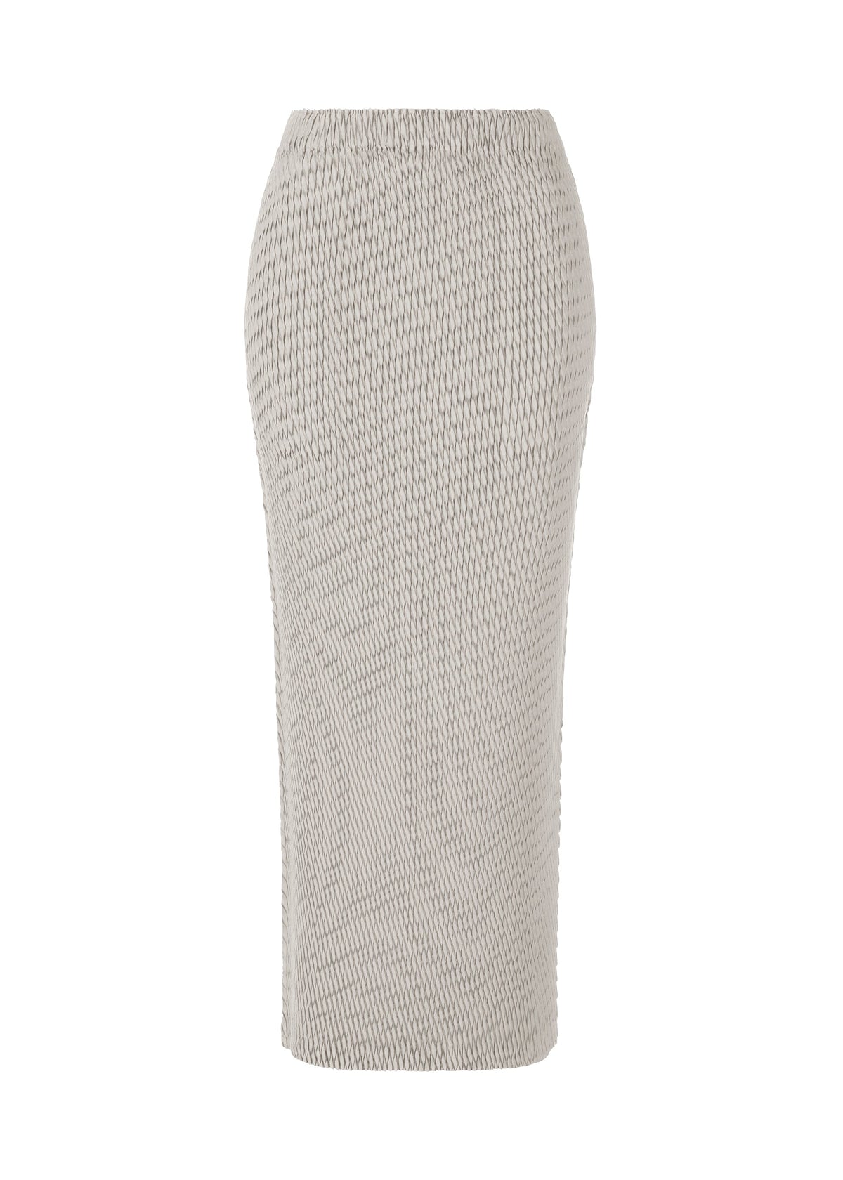 A product shot of the ISSEY MIYAKE SLEEK PLEATS skirt in light gray.