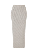 A product shot of the ISSEY MIYAKE SLEEK PLEATS skirt in light gray.