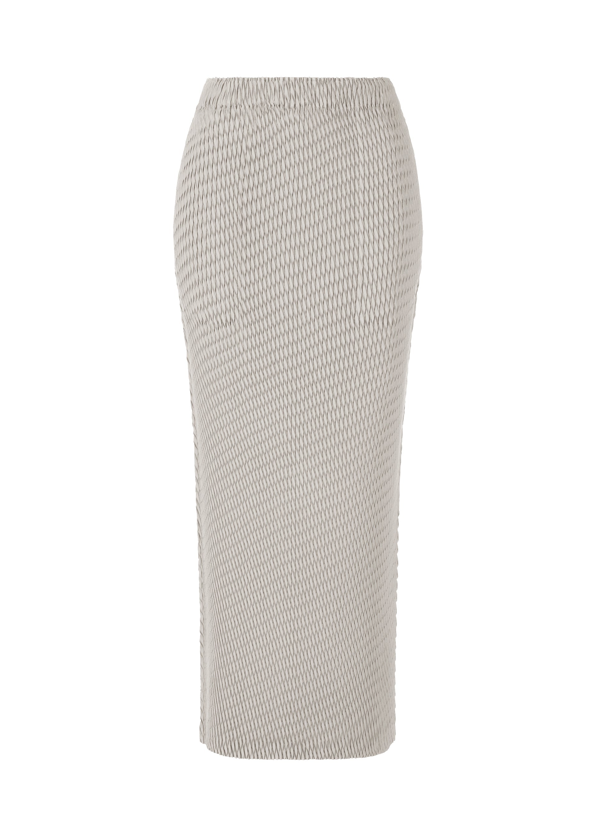 A product shot of the ISSEY MIYAKE SLEEK PLEATS skirt in light gray.