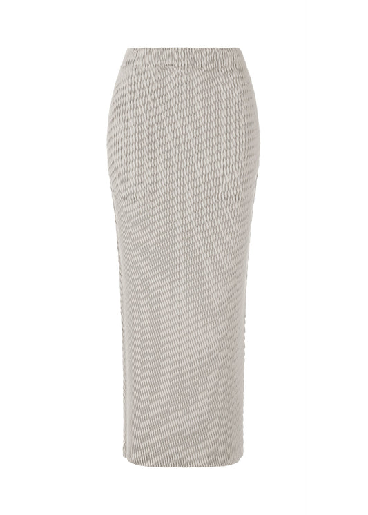 A product shot of the ISSEY MIYAKE SLEEK PLEATS skirt in light gray.