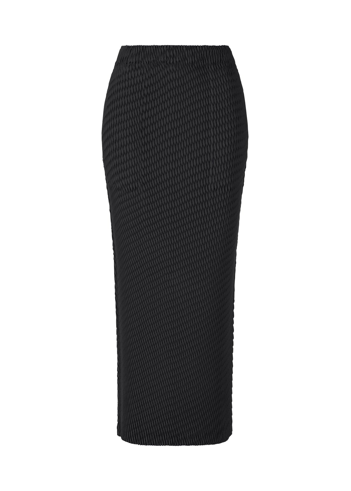 A product shot of the ISSEY MIYAKE SLEEK PLEATS skirt in black.