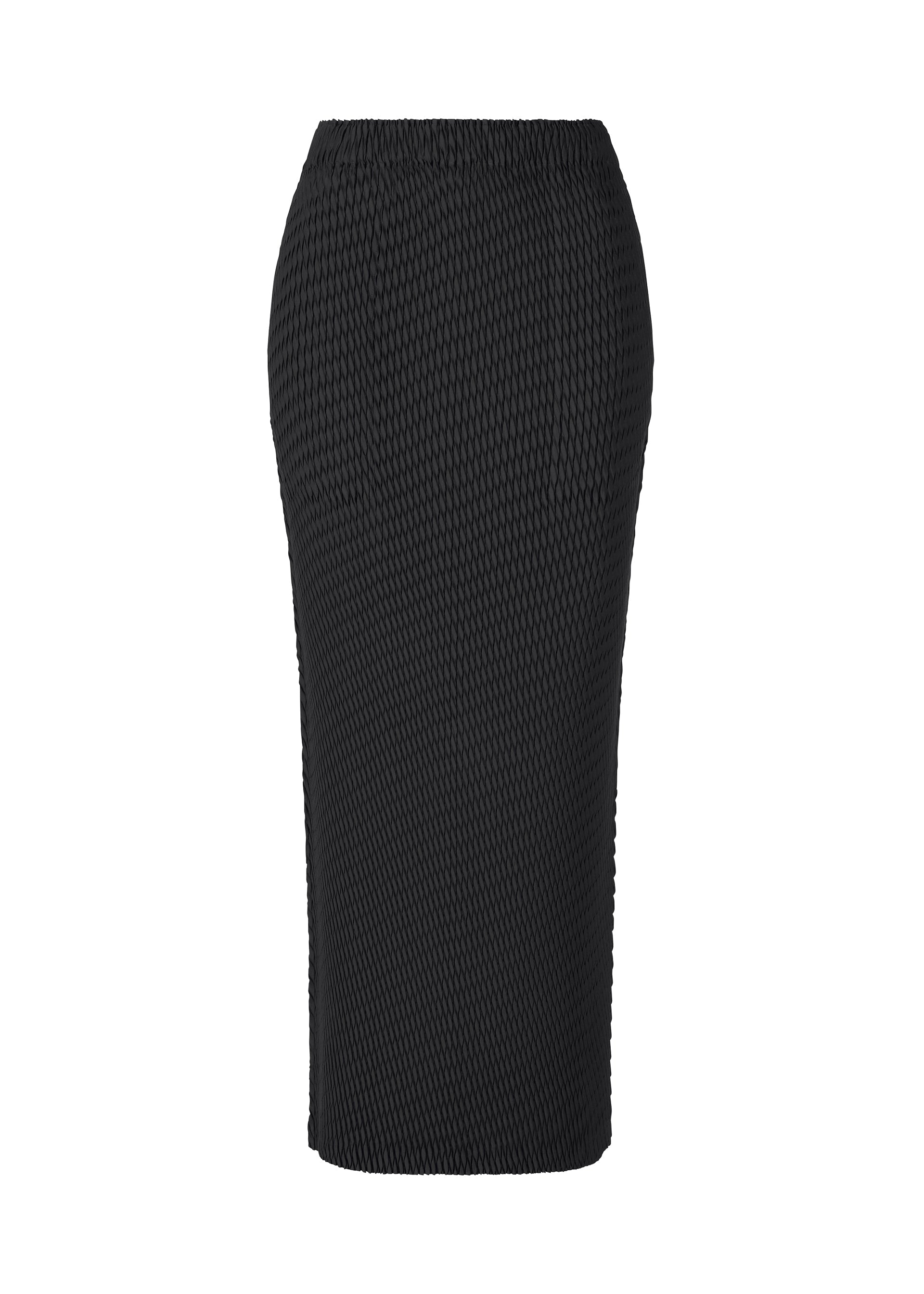 A product shot of the ISSEY MIYAKE SLEEK PLEATS skirt in black.