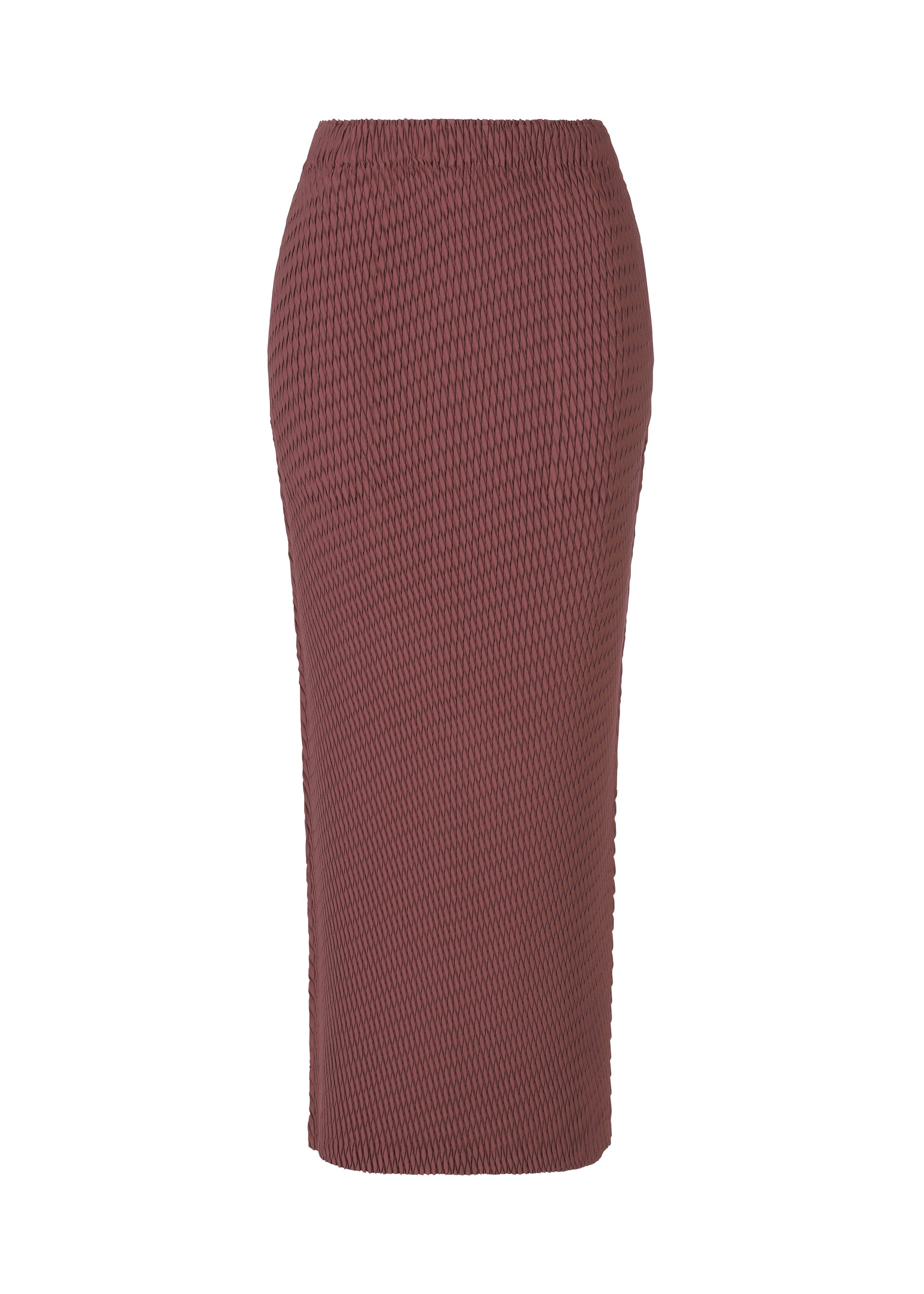 A product shot of the ISSEY MIYAKE SLEEK PLEATS skirt in burgundy.