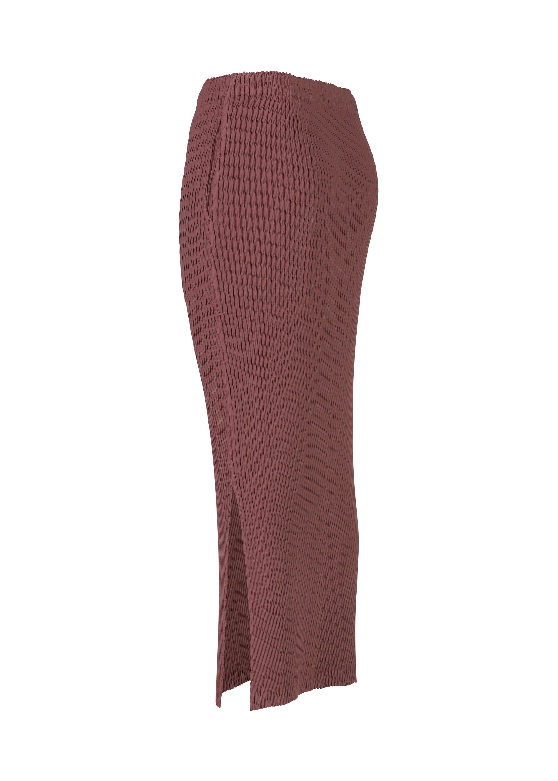 A detail shot of the ISSEY MIYAKE SLEEK PLEATS skirt.