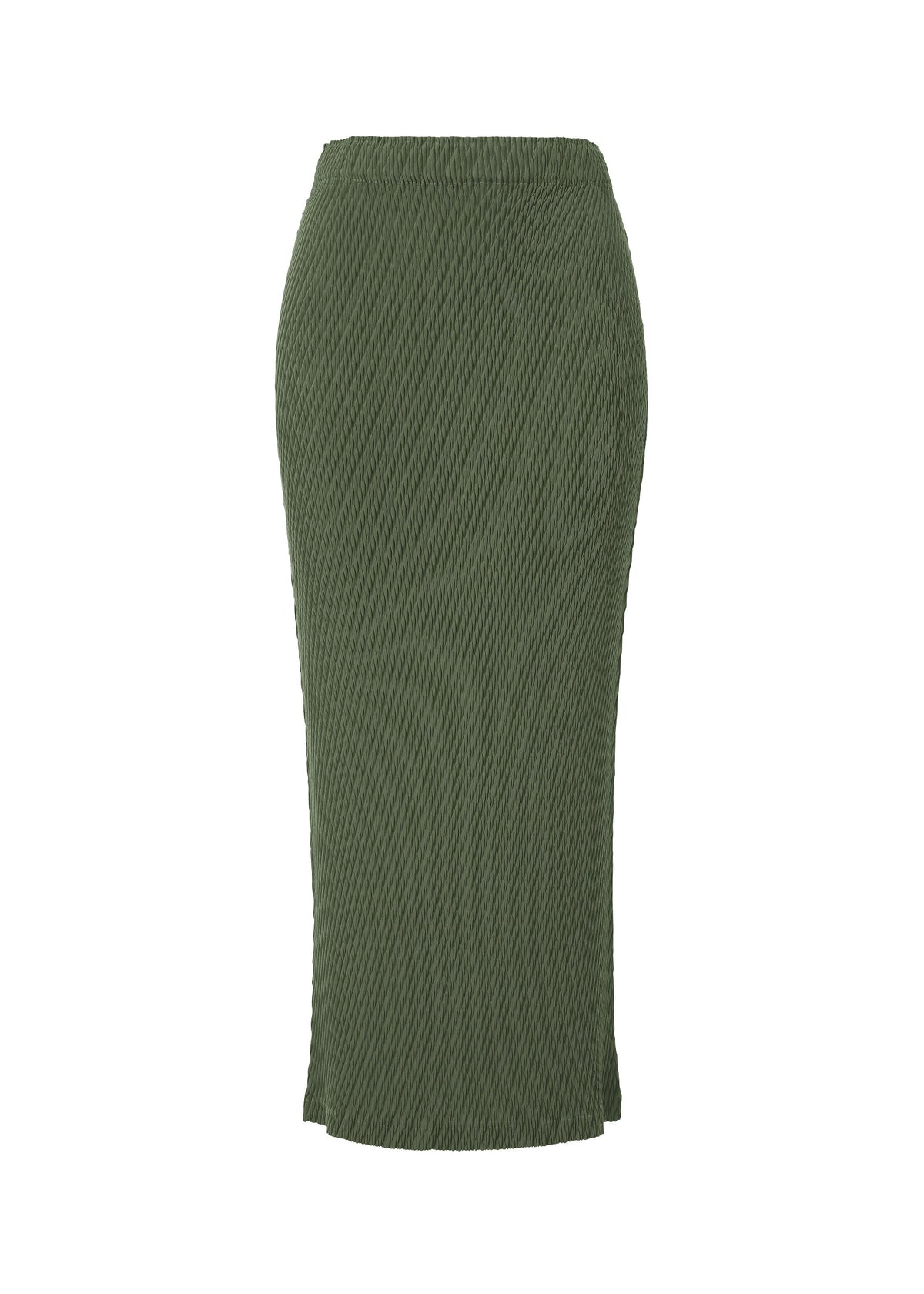 A product shot of the ISSEY MIYAKE RHOMBUS PLEATS skirt in dark green (63).