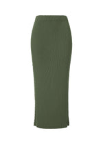 A product shot of the ISSEY MIYAKE RHOMBUS PLEATS skirt in dark green (63).